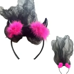 Djævlehorn i sort med tyl og pink fjer