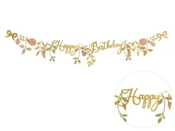 Happy Birthday guirlande i guld og blomster