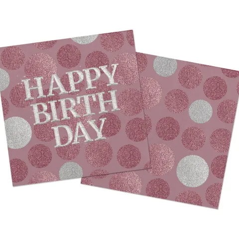 Happy birthday servietter - Lyserød og sølv