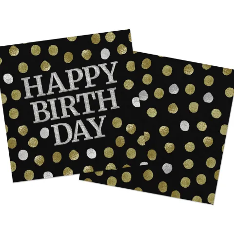 happy birthday servietter - sort/guld/sølv