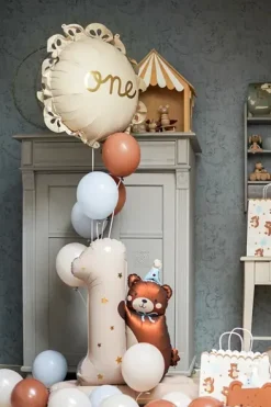 1 års Tal ballon - Brun bamse med blå hat