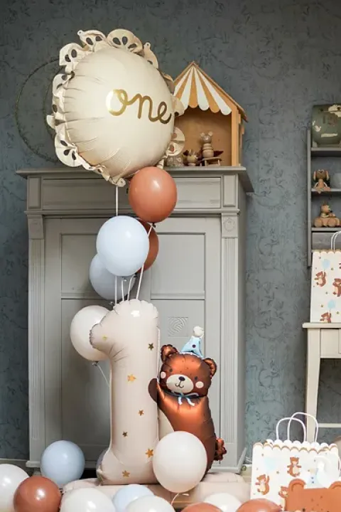 1 års Tal ballon - Brun bamse med blå hat
