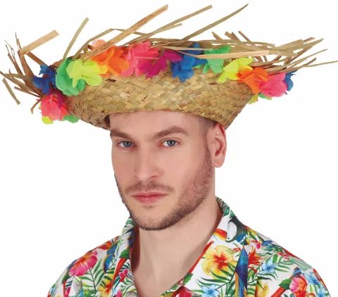 Strandhat med stofblomster