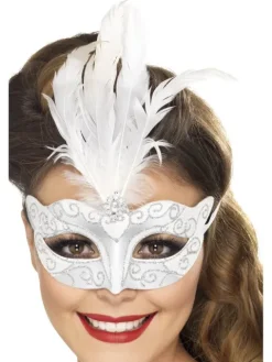 Venetiansk maske i hvid og sølv med fjer
